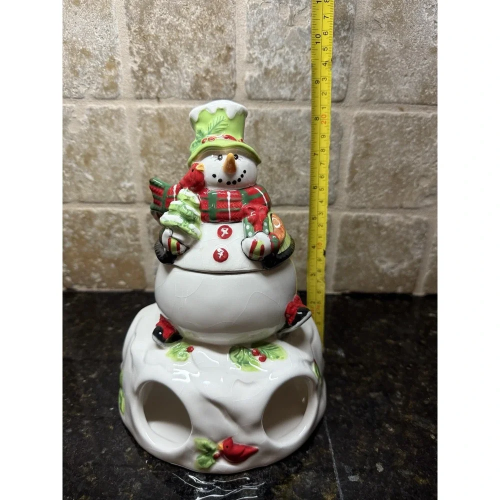Fitz and Floyd 2013 Holly Hat Snowman Ceramic‎ Tea Light Candle Jar Warmer Rare